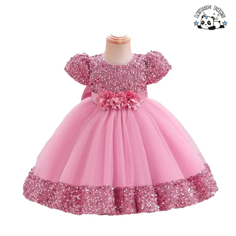 LEZONKIDS - Kids Tulle Dress Puff Short Sleeve Sequins Birthday Party Dress Flower Waistband Ball Gown Wedding Flower Girl Dress